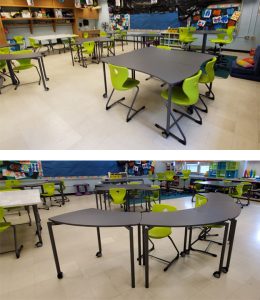 desks with lime green chairs set up in different configurations.