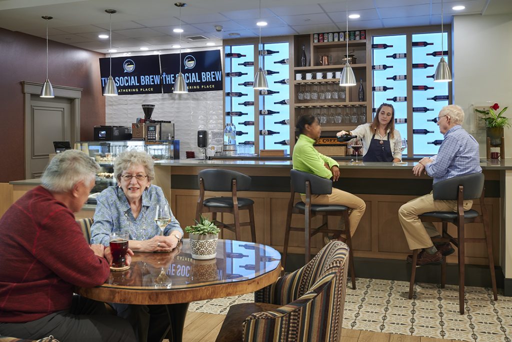 The Social Brew is located in an active part of the commons and flexes from a morning coffee shop to a wine bar in the evening. 