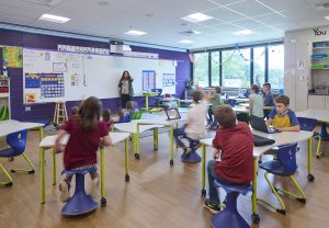 Elementary school teacher at front of a group of students in a future-ready classroom. Students are seated in various styles of chairs including a wobble stool.
