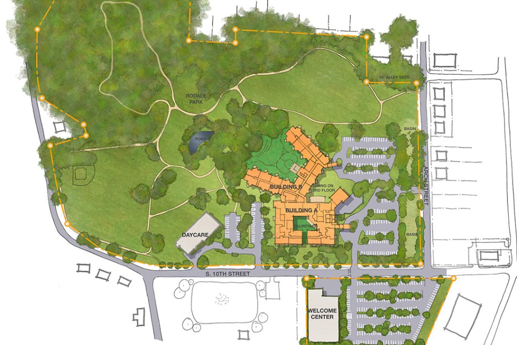 The community will evolve in phases, beginning with adaptive reuse of the former Rodale offices into 122 apartments. 