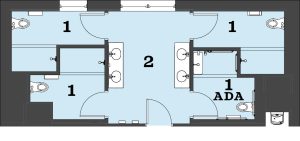 Architectural floor plan - spa bathroom layout. 1: private shower & toilet; 2: community vanities
