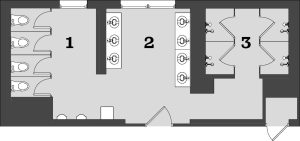 Residence Hall Floor Plan: Existing gang style layout. 1: toilets; 2: vanities; 3: showers