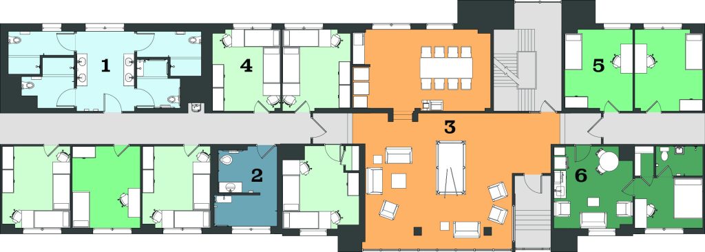 Architectural floor plan of a residence hall with spa bathroom, private bathroom, commons areas, double dorm room, single dorm room and apartment dorm room.