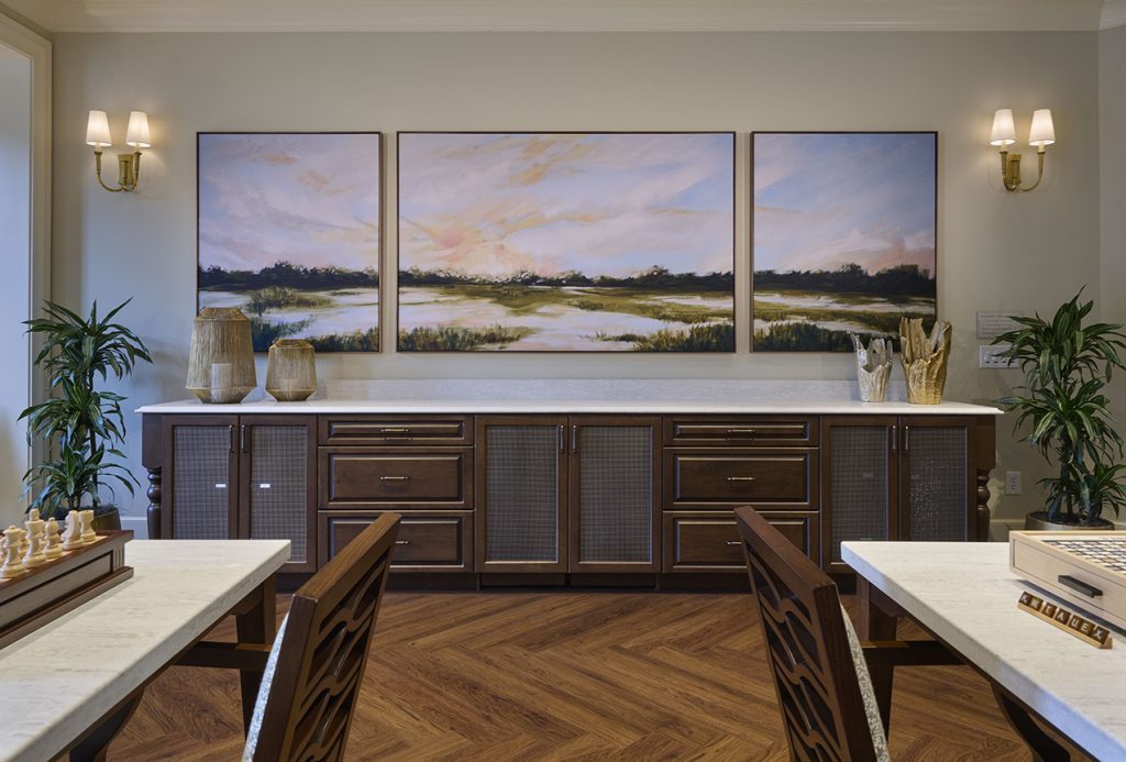 acoustic wall art above bufffet cabinet