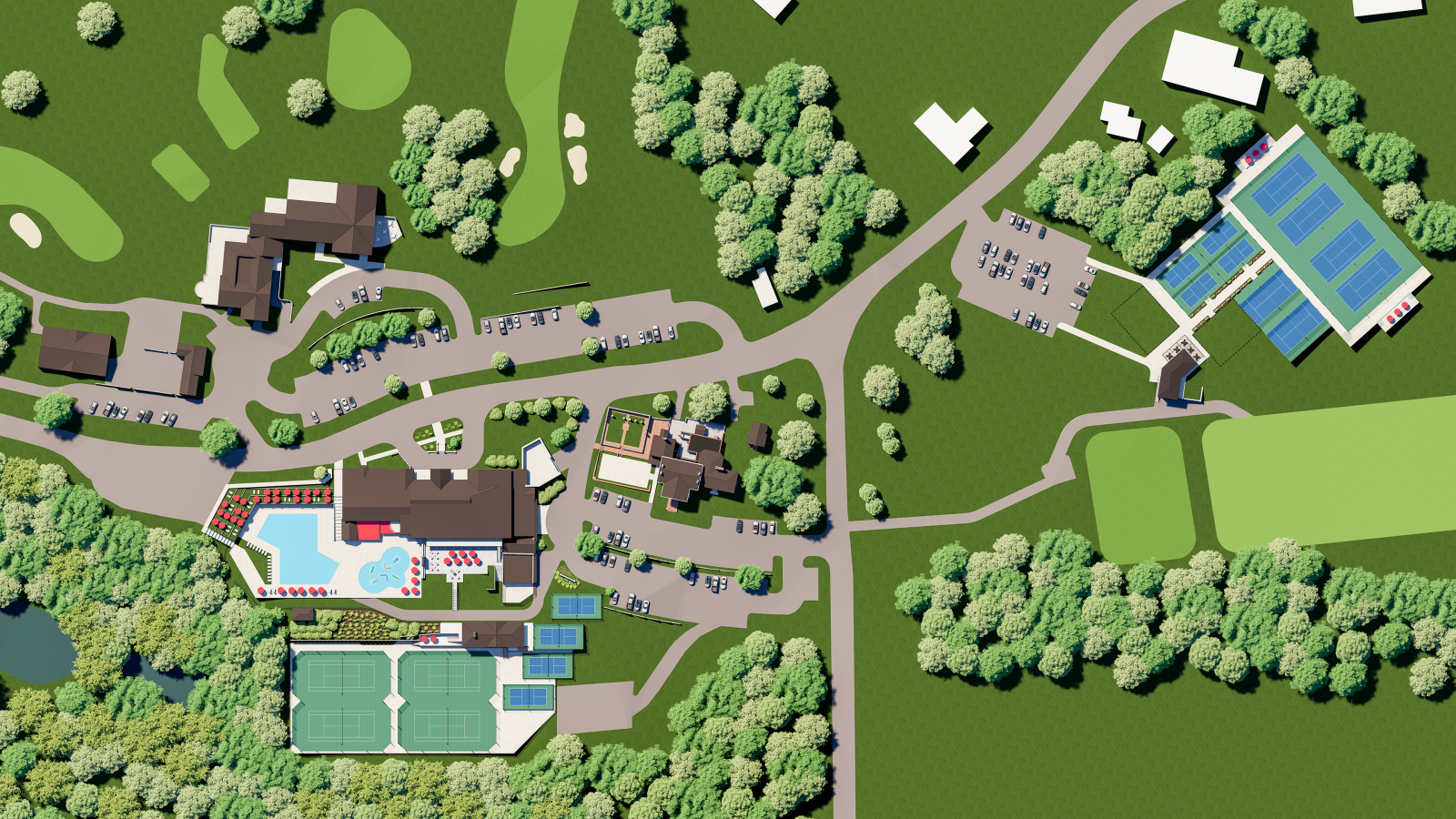 Proposed site solutions to expand existing clubhouse and include more member amenities throughout campus.