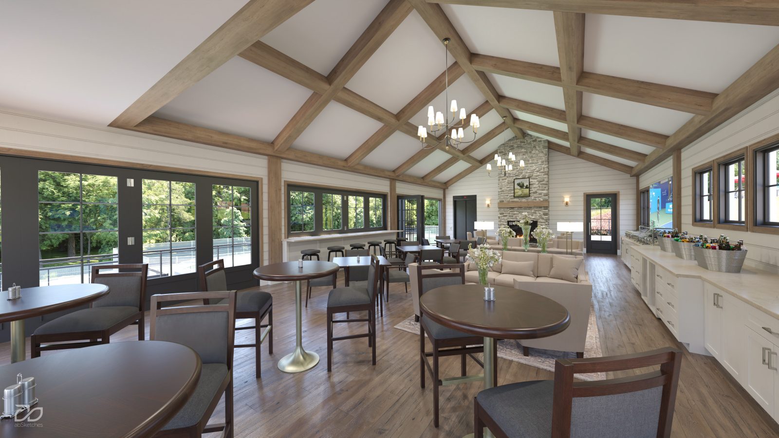 Proposed renovations to the paddle hut interior result in a multi-use space that can serve as relaxing touch-down spot or small-group event space.