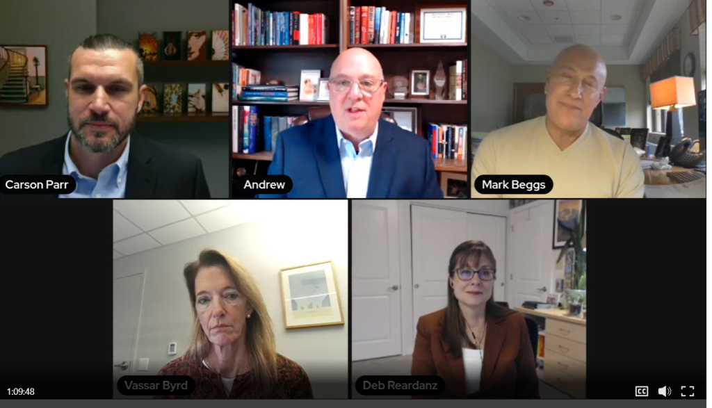 Senior living and higher education leaders discussing university retirement communities during RLPS webinar