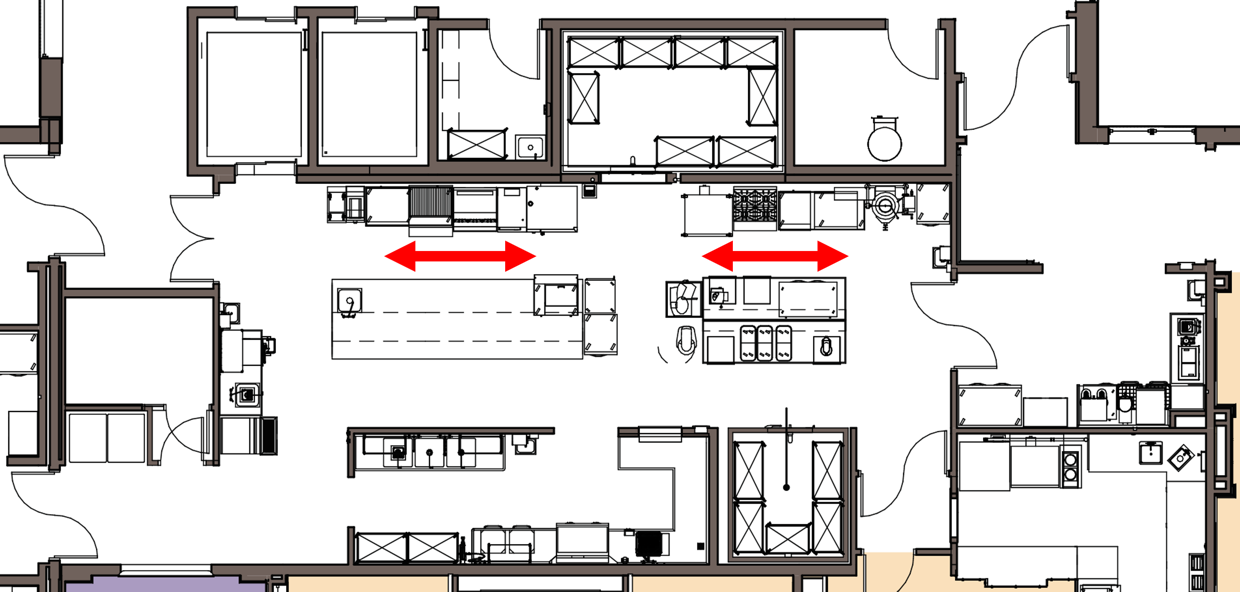 senior living kitchen design layout showing work area clearance