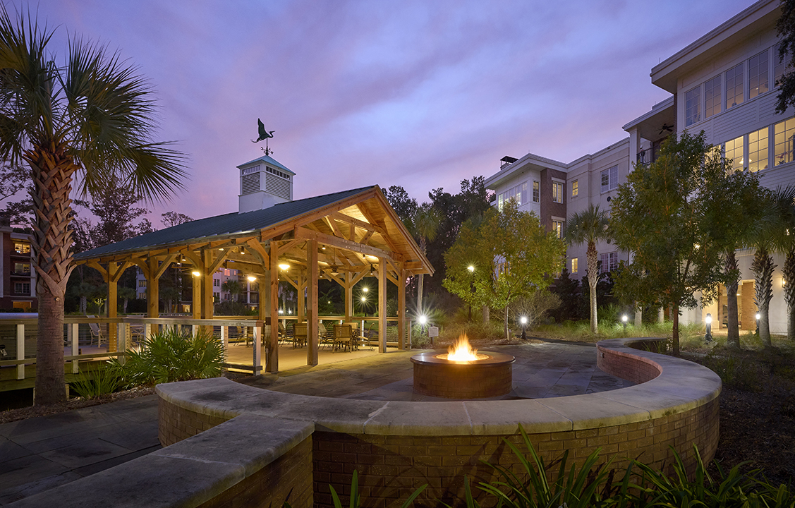 Pond Pavilion and Fire Pit beside Bishop Gadsden Quay Hybrid Home Senior Living
