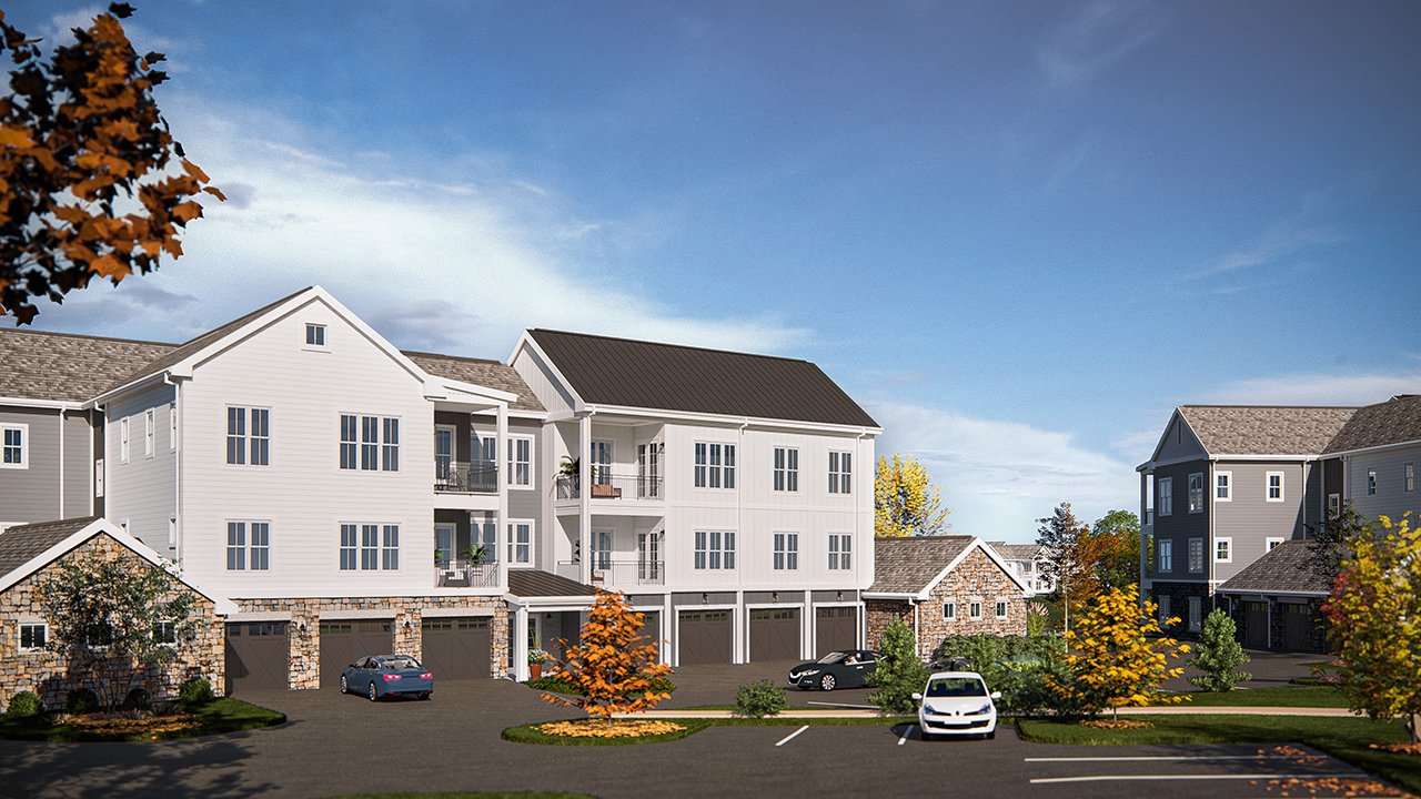 Landis artist rendering of multi story hybrid home senior living with garage doors