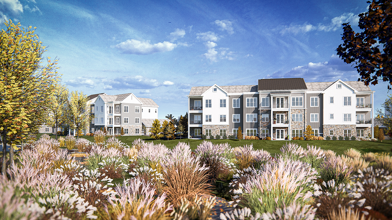 artist rendering of multi story hybrid home senior living