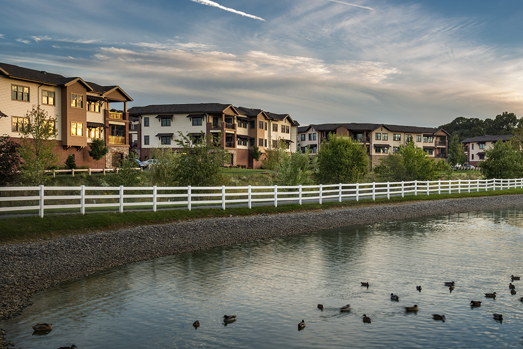 Row of four multi-story hybrid homes senior living at Landis