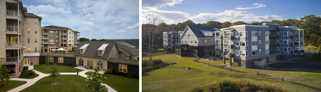 (l) The Langford at College Station, TX hybrid homes (r) Piper Shores, Scarborough, ME hybrid homes