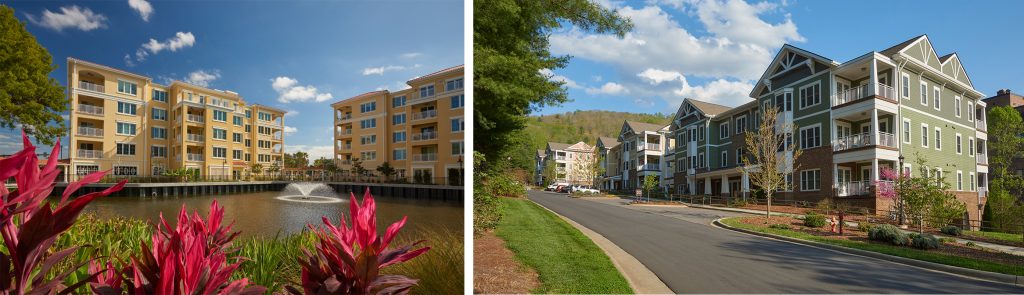 (l) Village On The Isle yellow hybrid homes senior living (r) Givens Estates Hybrid Homes