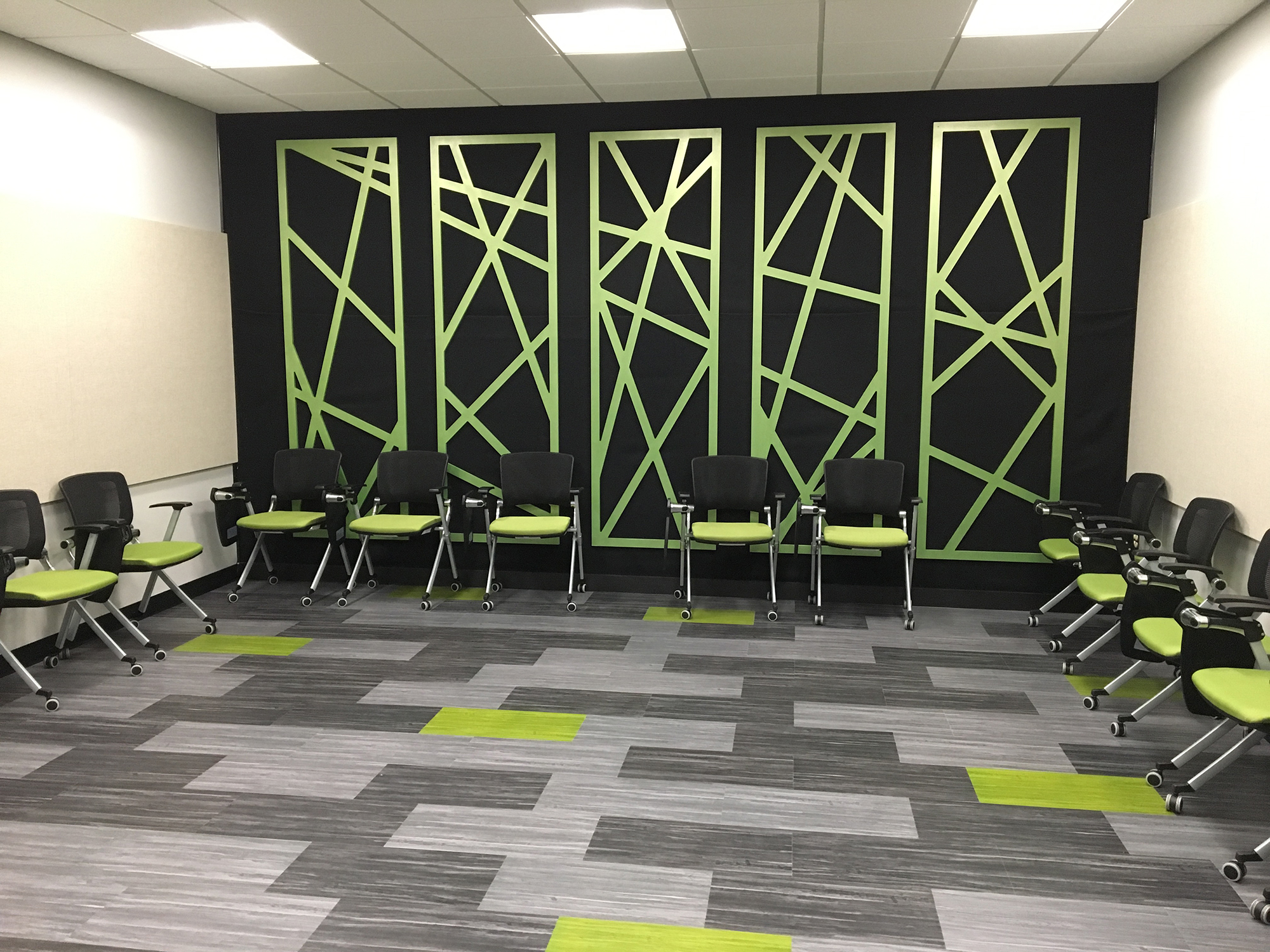 York College Recording Studio classroom with grey and black and bright lime green accents.