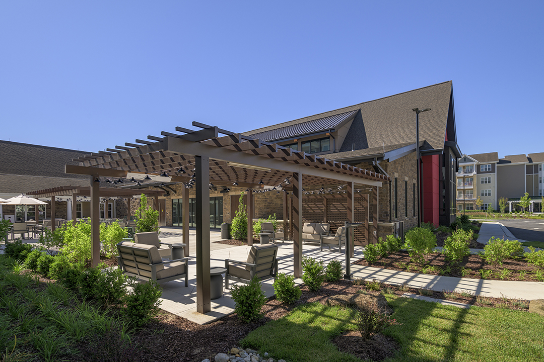 Courtyard space with pergola, plants and seating