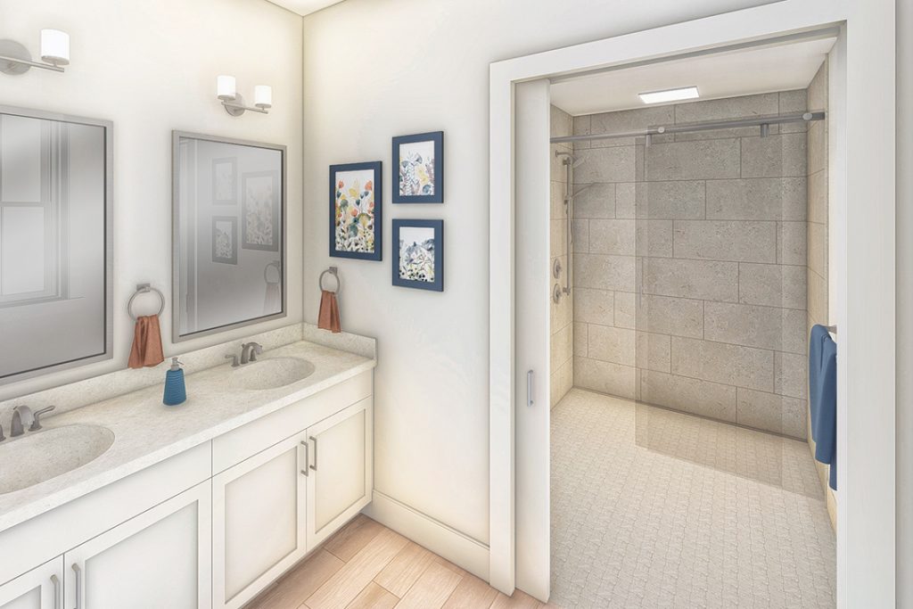 Bathroom with double vanity and accessible shower for aging in place
