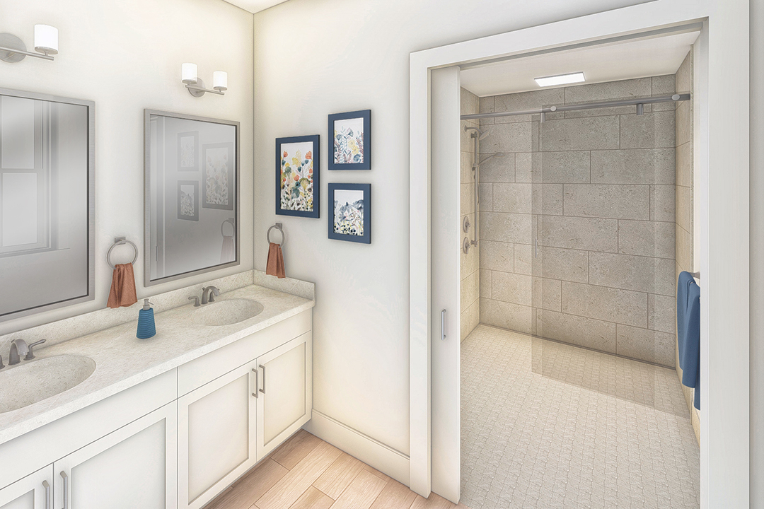 Bathroom with double vanity and accessible shower for aging in place