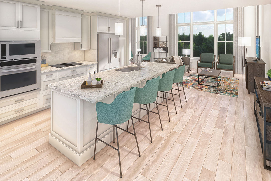 white kitchen with large island in open plan apartment
