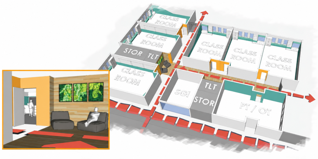 architectural rendering of classroom pod and hallway