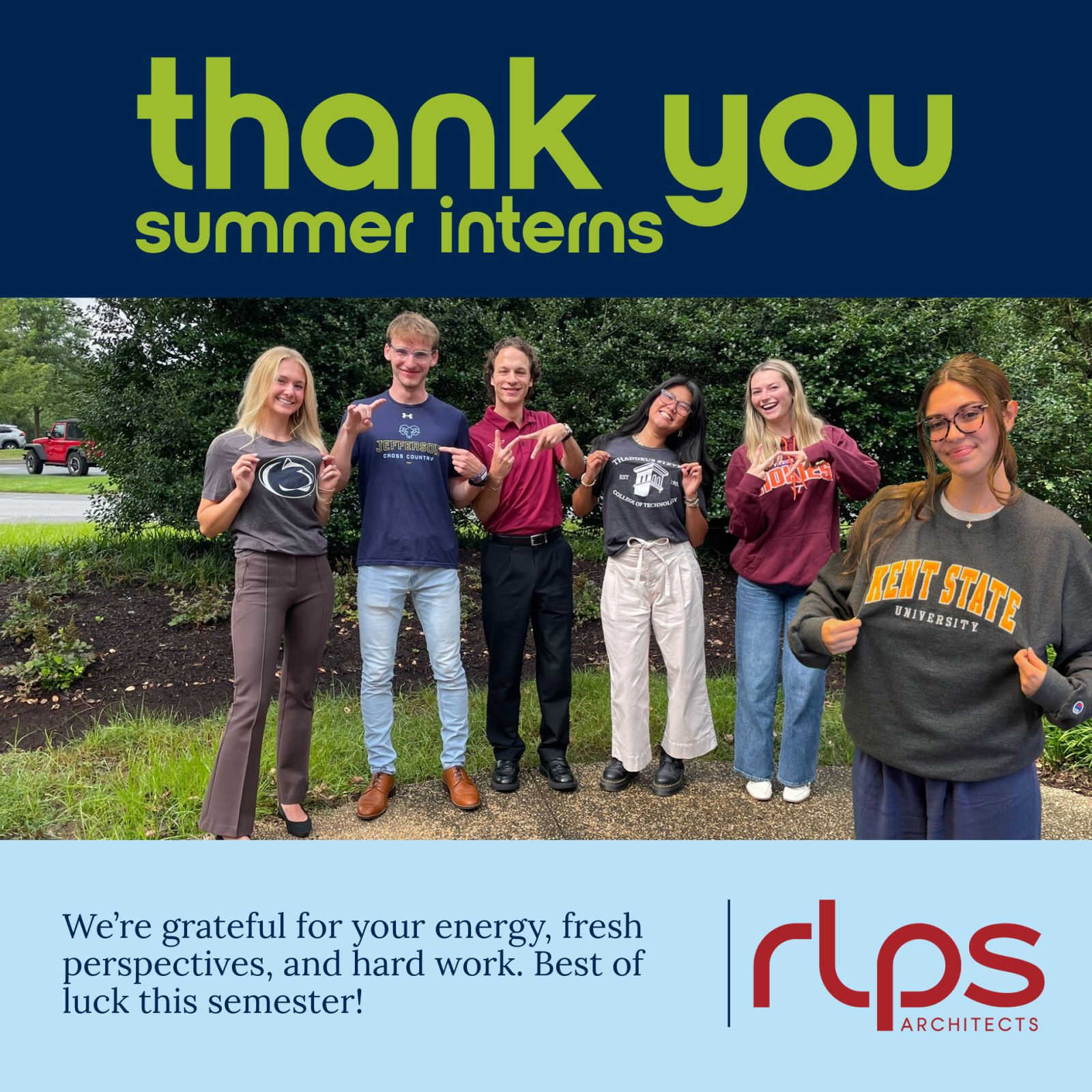 Social media post thanking interns and picture of interns in their school shirts