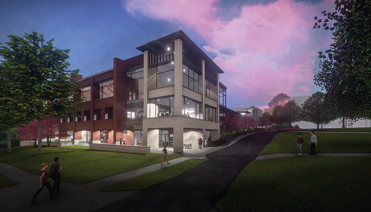 Night rendering of a college campus building
