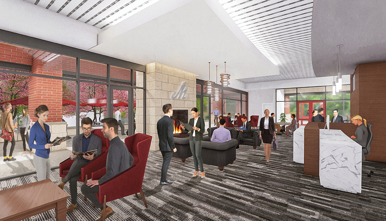 Rendering of a college campus gathering space filled with people.