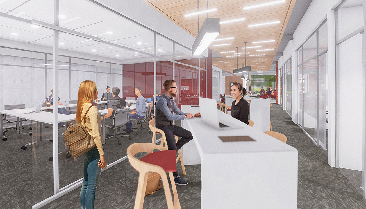 Rendering of an interior college campus space with people at desks.