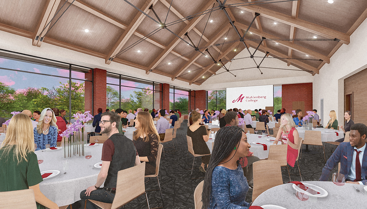 Rendering of a college campus event space with people seated at round tables.