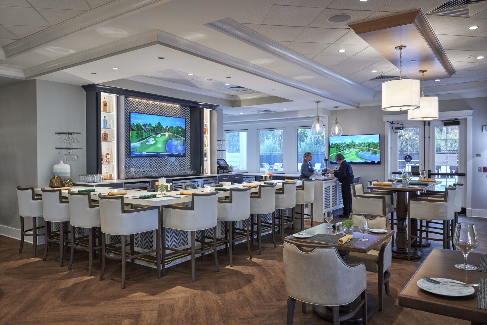 dining room bar with TV in background